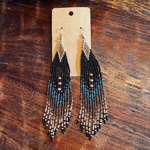 Beaded Fringe Earrings With Black Gold & Teal Glass Beads